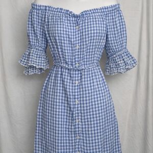 Old Navy Blue Gingham Cottagecore Dress 1X Off Shoulder Puff Sleeve